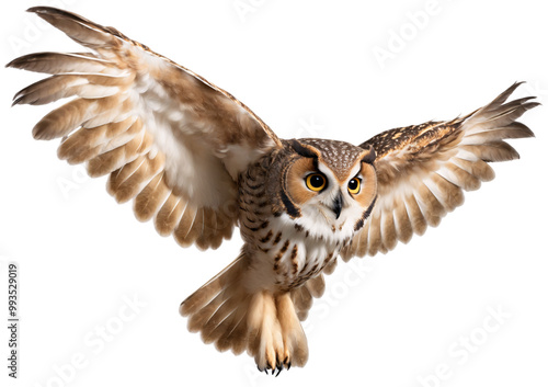 Long eared owl in flight with spread wings   isolated transparent background