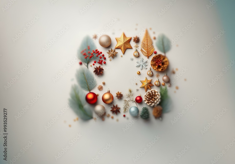 A festive arrangement of gold and red ornaments, pine cones, greenery, and star-shaped decorations on a white background. A festive arrangement of gold and red ornaments, pine cones, greenery, and star-shaped decorations on a white background.