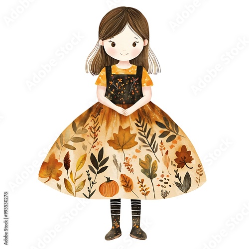 Watercolor illustration of a cute girl wearing a dress with autumn leaves and pumpkins.