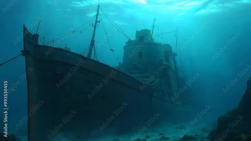 Sunbeams Shining on Sunken Shipwreck Underwater Sunbeams Shining on Sunken Shipwreck Underwater