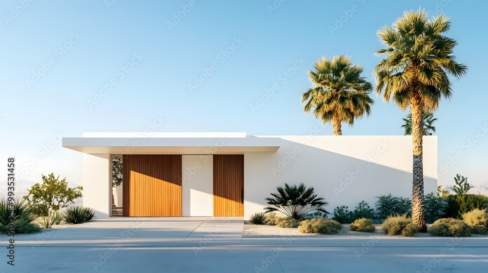 Mid-century modern house entrance with white walls, bright sunlight, wooden sliding gate, flat roof, palm trees, desert landscaping, minimalist architecture. Mid-century modern house entrance with white walls, bright sunlight, wooden sliding gate, flat roof, palm trees, desert landscaping, minimalist architecture.