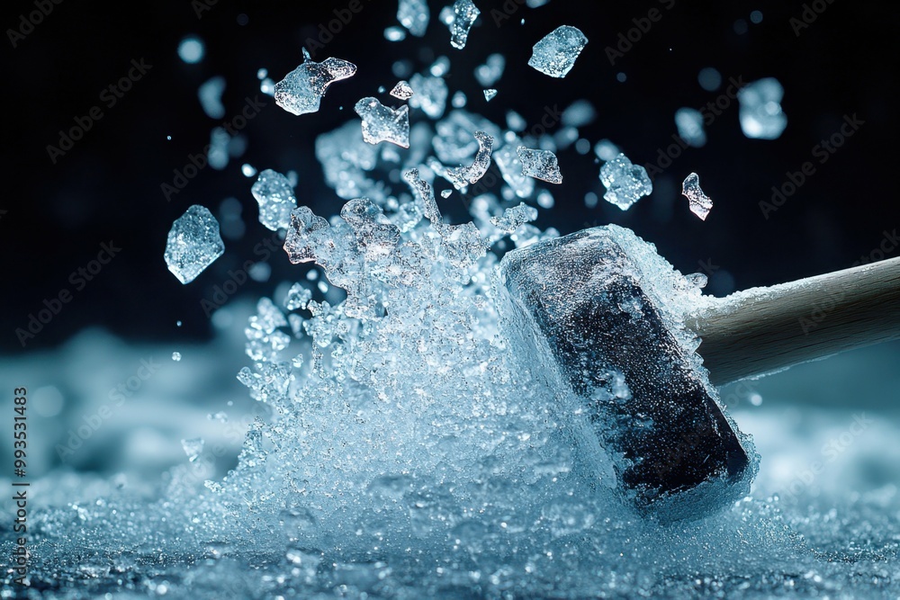 A close-up of a hammer striking an icicle shattering it into tiny glittering pieces. Break the ice. A close-up of a hammer striking an icicle shattering it into tiny glittering pieces. Break the ice.