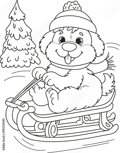 Coloring page outline of the cartoon smiling cute dog sledding. Colorful vector illustration, winters coloring book for kids.