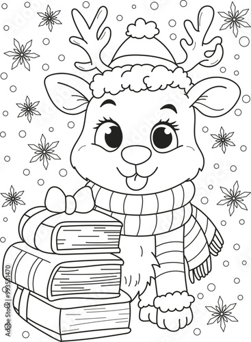 Coloring page outline of cartoon smiling cute christmas deer. Colorful vector illustration, winters coloring book for kids.
