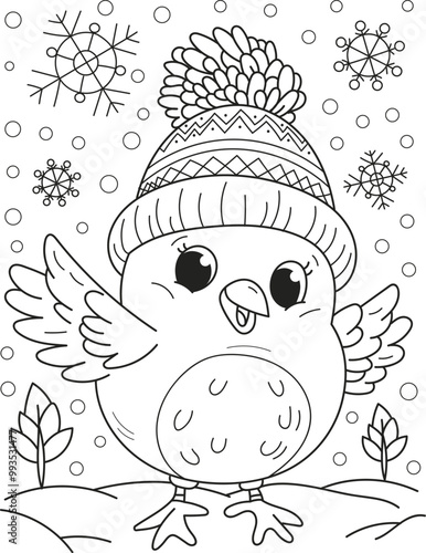 Coloring page outline of cartoon smiling cute little bird with snowflakes. Colorful vector illustration, winters coloring book for kids.