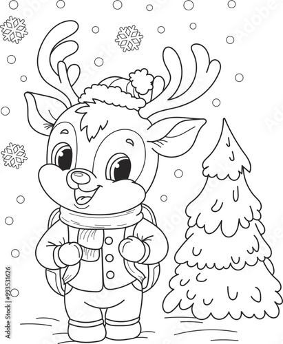 Coloring page outline of cartoon smiling cute christmas deer. Colorful vector illustration, winters coloring book for kids.