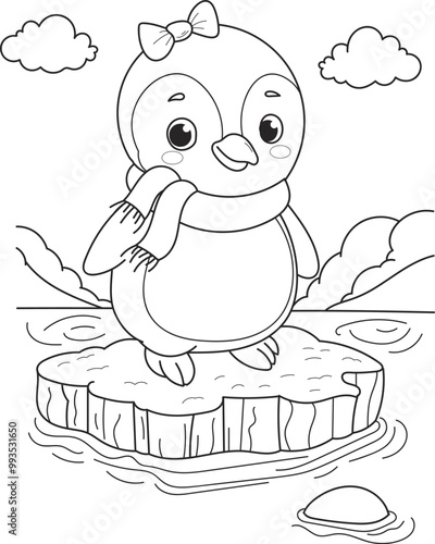 Coloring page outline of cartoon smiling cute christmas penguin. Colorful vector illustration, winter coloring book for kids.