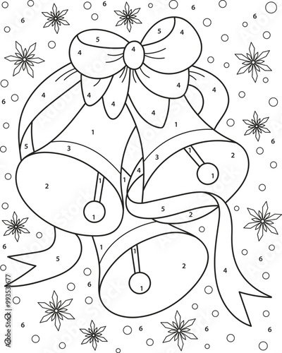 Coloring page outline of the cartoon christmas jingle bells. Colorful vector illustration of educational game for preschool children, winters coloring book for kids.