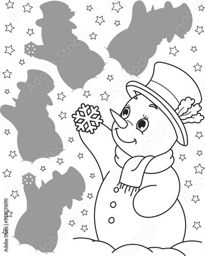 Find the right shadow. Coloring page outline of the cartoon smiling cute snowman with snowflake. Colorful vector illustration of educational game for preschool children, winter coloring book for kids.