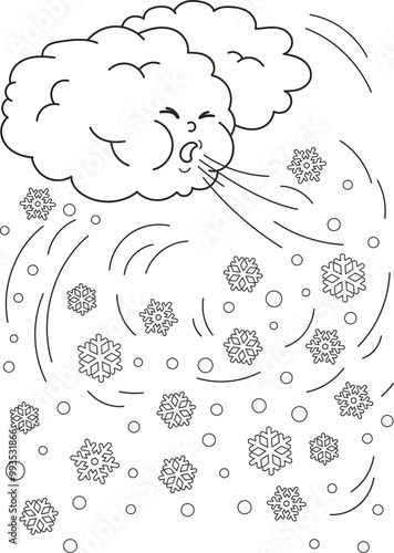 Coloring page outline of cartoon frosty cloud with snowflakes. Colorful vector illustration, winters coloring book for kids.