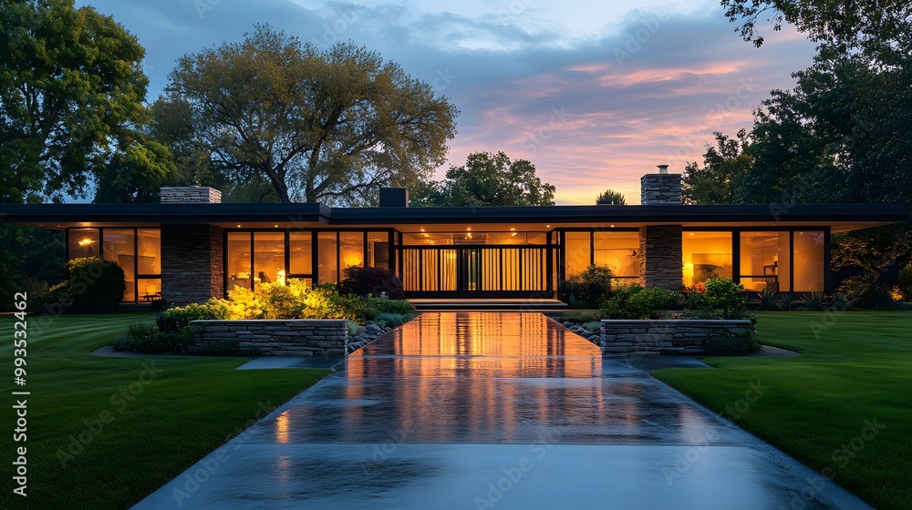 Obraz premium Mid-century modern ranch house with symmetrical design, large windows, warm interior lighting, stone wall, black metal gates, sunset glow, manicured lawn, architectural photography.