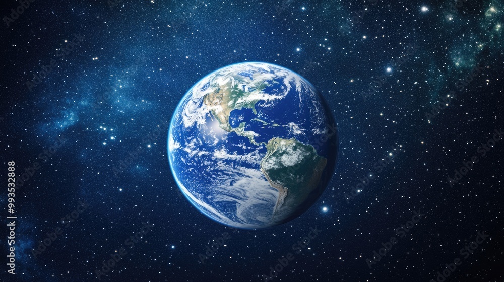 The planet Earth seen from space, with a blue background and stars. The planet Earth seen from space, with a blue background and stars.