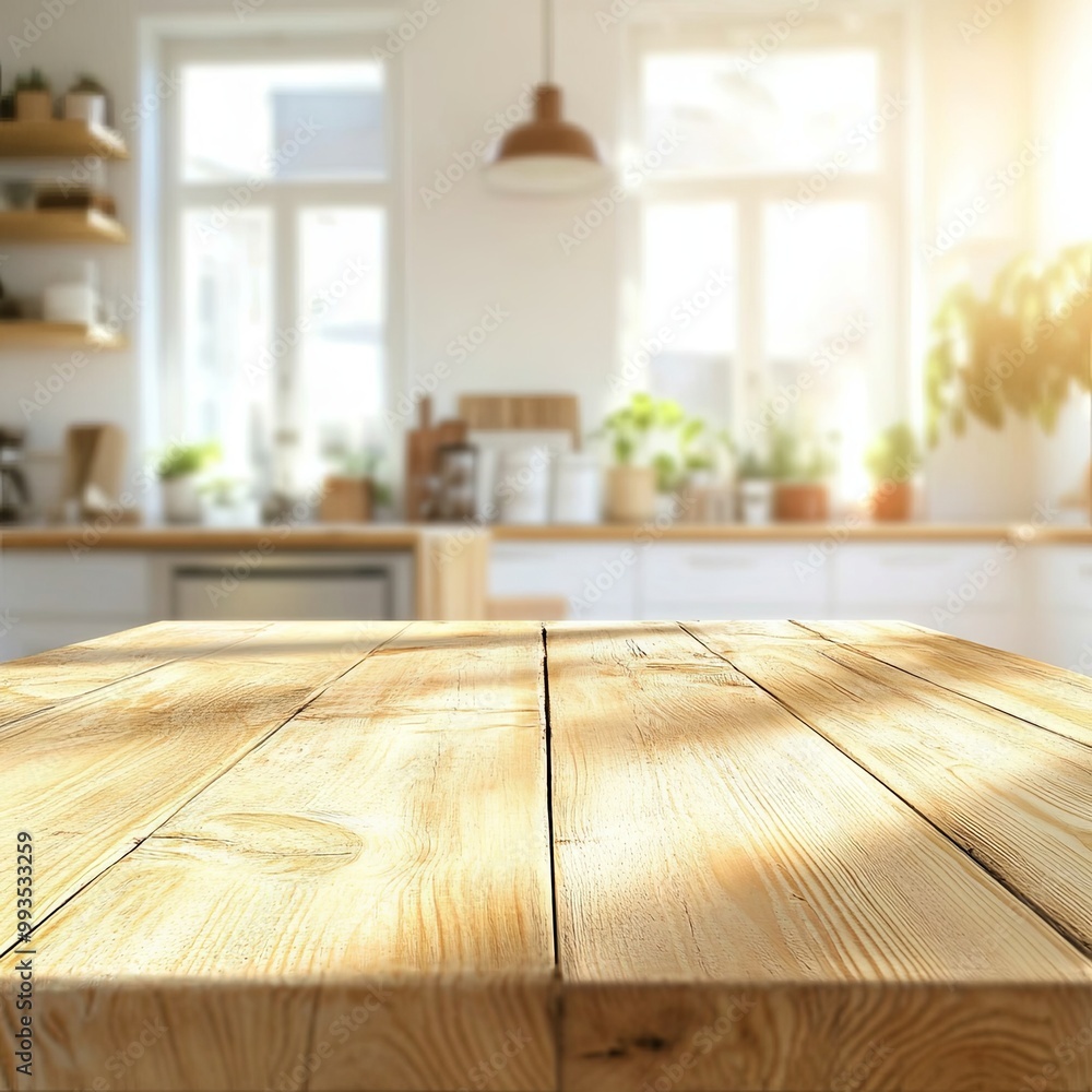 Yellow Empty wooden table with the bright white interior of the kitchen as a blurred background behind the bokeh golden sunshine Yellow Empty wooden table with the bright white interior of the kitchen as a blurred background behind the bokeh golden sunshine
