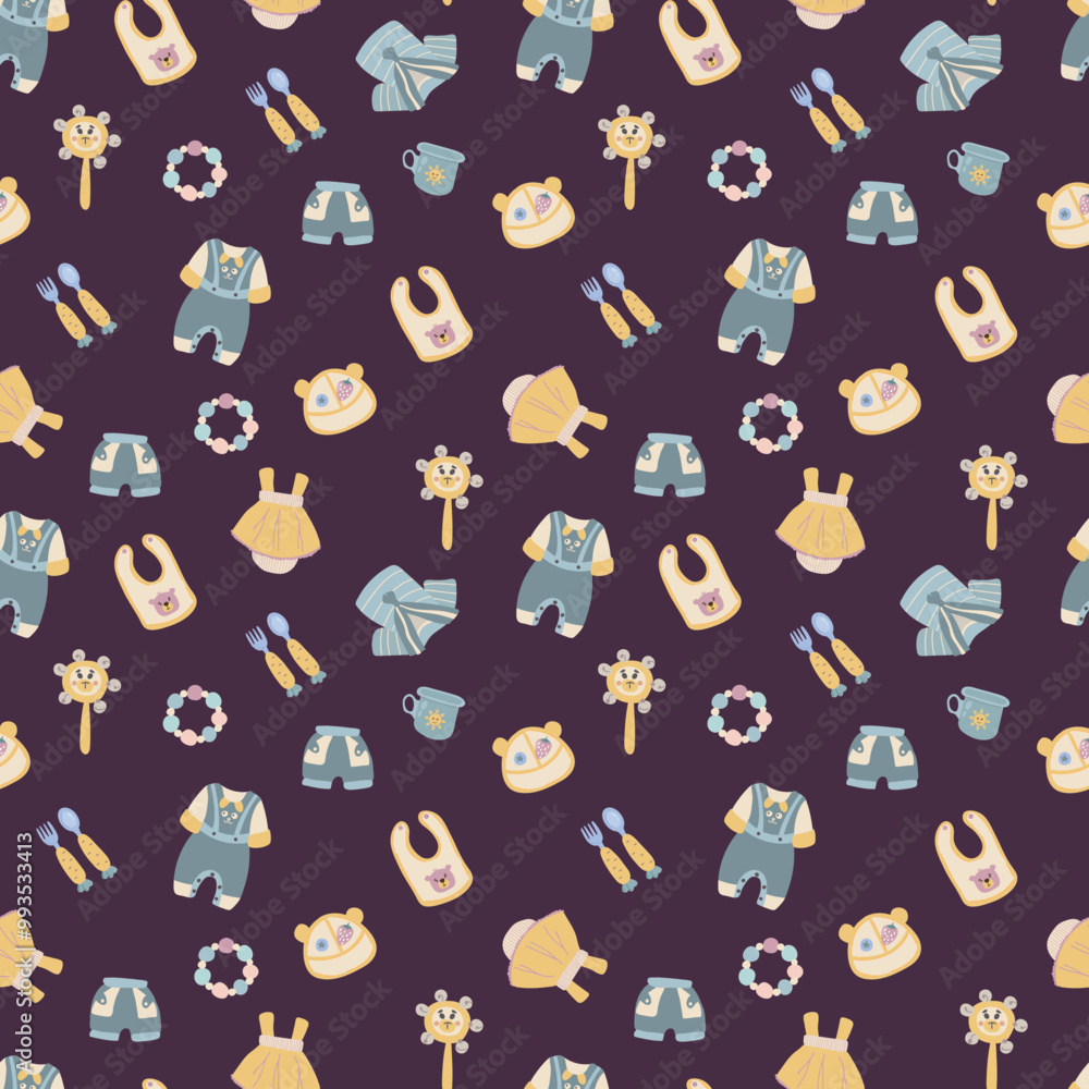 Children's Seamless pattern with clothes and toys. Design for fabric, textiles, wallpaper, packaging Children's Seamless pattern with clothes and toys. Design for fabric, textiles, wallpaper, packaging