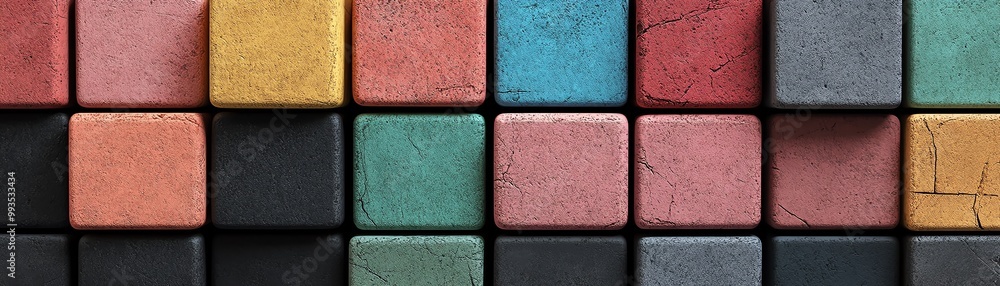 Fototapeta premium Colorful square blocks arranged in a grid pattern, showcasing an array of different textures and hues, perfect for backgrounds and design concepts.