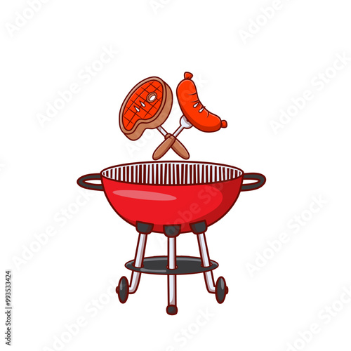 Round barbecue grill with steak. Bbq icon. Electric grill. Device for frying food. Vector illustration in flat style