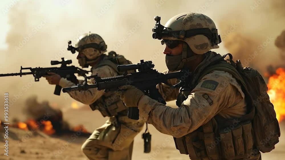 Soldiers in Combat With Rifles in Desert Setting Soldiers in Combat With Rifles in Desert Setting