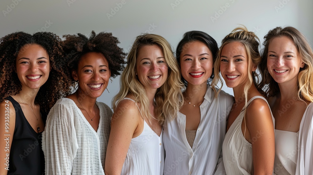 Six women dressed in white, beaming with joy, stand closely together indoors, capturing a powerful moment of positivity and feminine energy. Six women dressed in white, beaming with joy, stand closely together indoors, capturing a powerful moment of positivity and feminine energy.