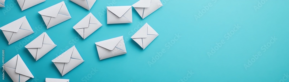 Scattered white envelopes on a blue background, symbolizing communication, mail, and correspondence. Room for text on the right. Minimalist style. Scattered white envelopes on a blue background, symbolizing communication, mail, and correspondence. Room for text on the right. Minimalist style.