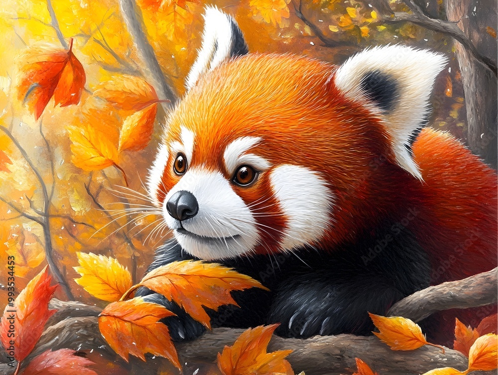 Adorable Red Panda Foraging in Autumnal Forest with Vibrant Leaves Swirling Adorable Red Panda Foraging in Autumnal Forest with Vibrant Leaves Swirling
