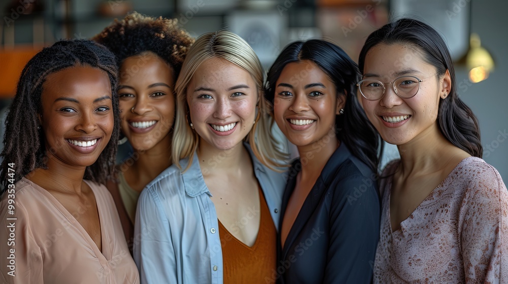 In a casual setting, five diverse women pose with radiant smiles and varied fashion styles, highlighting themes of unity, individuality, and empowerment. In a casual setting, five diverse women pose with radiant smiles and varied fashion styles, highlighting themes of unity, individuality, and empowerment.