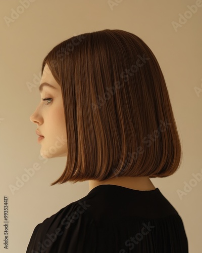 Back View of Woman with Straight Chestnut Brown Hair in Dark Blouse

 photo