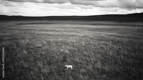 A lone polar bear wanders a...