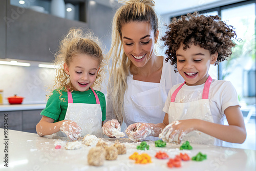 a smiling young mom helping her children bake in the kitchen