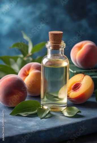 A bottle of peach essential oil with fresh peaches and green leaves on a blue background