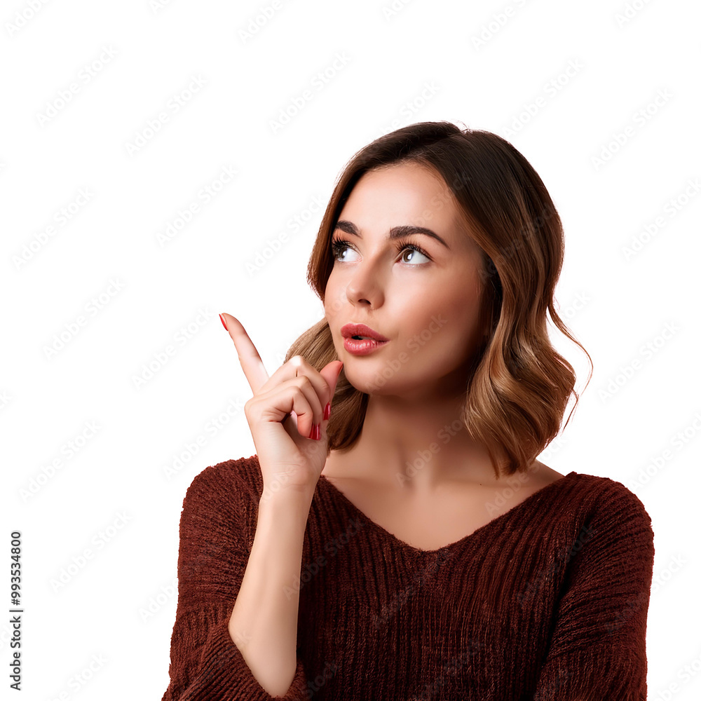 Cyber Monday sale with young woman in a thoughtful face, pointing side at free space Cyber Monday sale with young woman in a thoughtful face, pointing side at free space