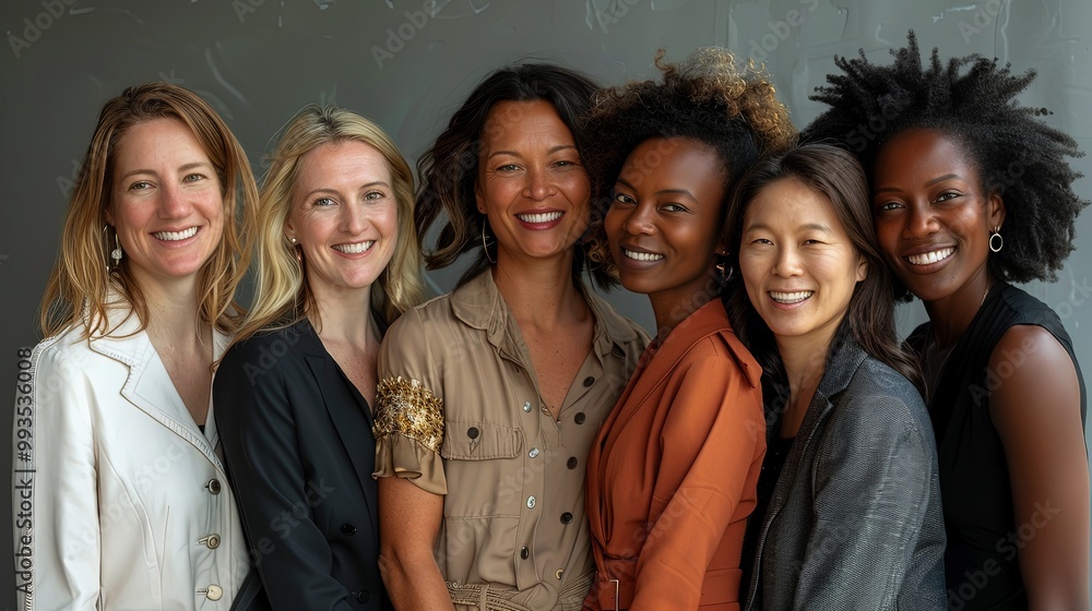 A group of six confident and unified women stand closely, showcasing a variety of hairstyles and fashion choices, set against a textured gray background. A group of six confident and unified women stand closely, showcasing a variety of hairstyles and fashion choices, set against a textured gray background.