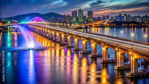 Spectacular Banpo Bridge Light Show Over the Han River in Seoul, Captivating Nighttime Display