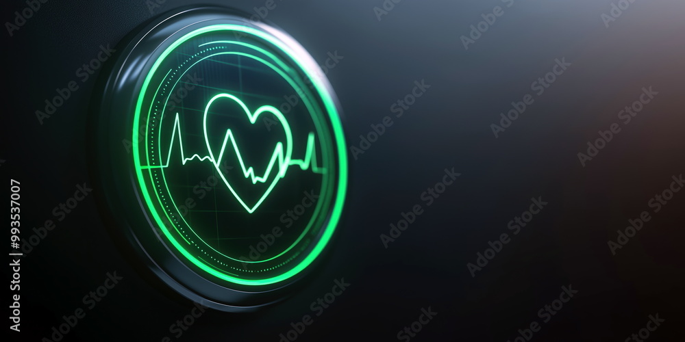 A green heart and pulse line icon glowing on a dark screen, symbolizing health, medical monitoring, or fitness, perfect for healthcare visuals.