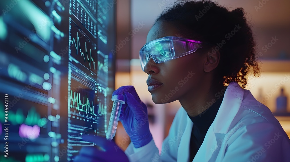 Female lab technician analyzing test results on a digital screen, laboratory vials in hand, advanced medical research environment, precise and technical