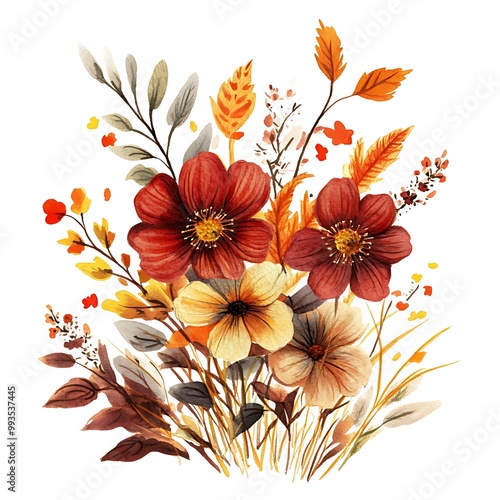 Watercolor Autumn Floral Bouquet with Red and Yellow Flowers.