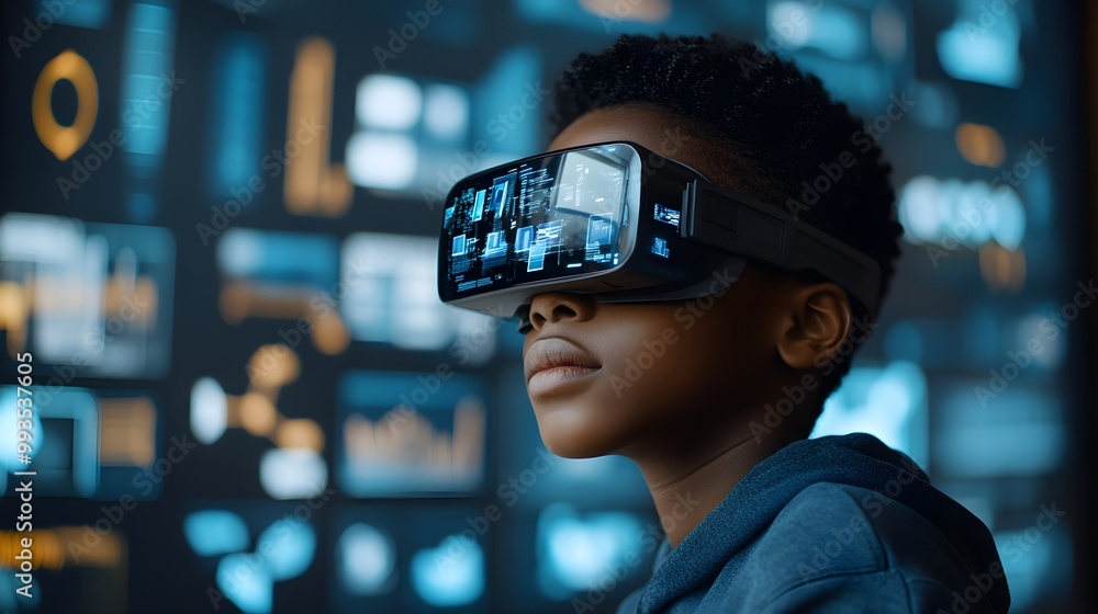 Futuristic classroom setting, Black student reviewing augmented reality data, focusing on cybersecurity warnings, artificial intelligence, and personal privacy issues Futuristic classroom setting, Black student reviewing augmented reality data, focusing on cybersecurity warnings, artificial intelligence, and personal privacy issues