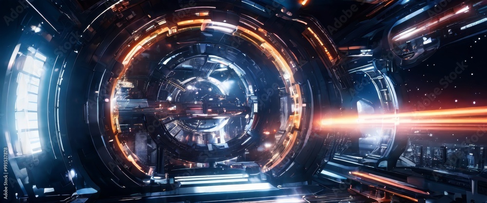 A detailed view of the interior of a futuristic spacecraft featuring ...