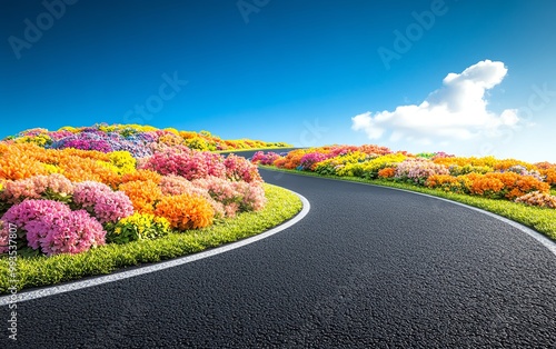 Curved road surrounded by colorful flowers
