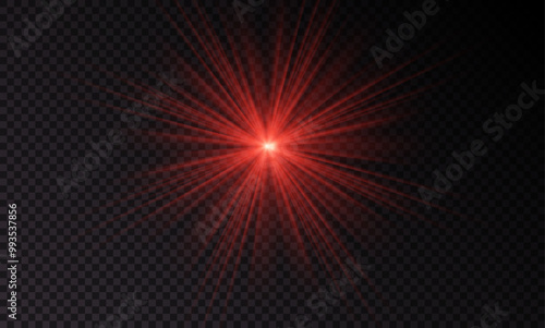 Red light effect reflections, neon illumination in red colors. Bright light lens. Police light effects, lines. Shiny stars, glowing sparks on a black background. Vector