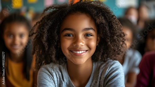 Happy African American girl proudly showing her school project to the class, surrounded by diverse classmates, colorful and creative learning space