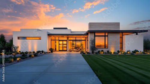 Modern luxury villa with contemporary architecture, white exterior, large windows, flat roof, warm interior lighting, manicured lawn, desert landscaping, twilight ambiance.