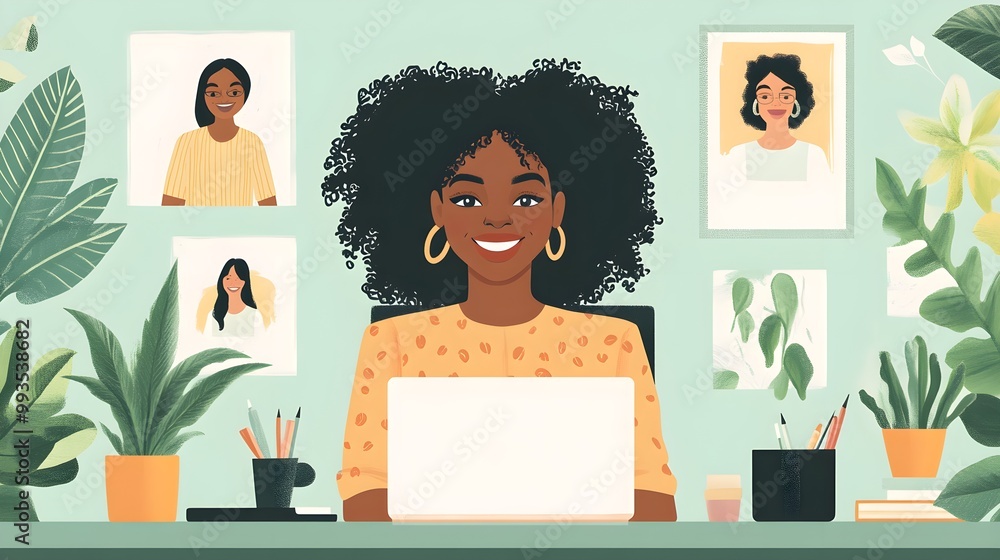 Fototapeta premium Happy African American woman working from home, surrounded by greenery and modern gadgets, participating in a diverse video call with virtual avatars of colleagues, [cyberpunk], [vivid colors], [water