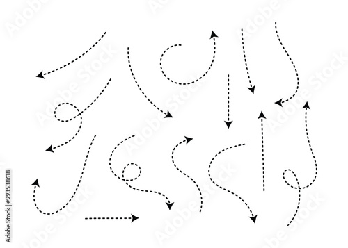 Split Lines Arrows Set, Dotted line, clean dot style hand drawn doodle arrow set. Curve dotted line arrow set, dashed lines arrow, set of dotted hand drawn doodle arrows, isolated, editable, digital.