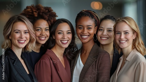 A group of smiling women of different backgrounds united in a professional setting, highlighting inclusivity, confidence, and teamwork in a contemporary office space.