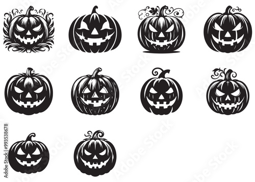  vector silhouette of halloween pumpkin, pumpkin silhouette, Jack-o-Lantern with pumpkin logo silhouette, set of halloween pumpkin, funny halloween pumpkin silhouette collection on a white background