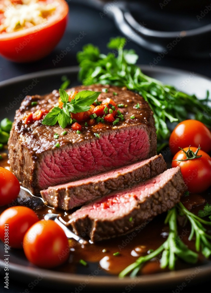 Perfectly seared steak with garlic butter and rosemary on a white plate, fine dining style, Restaurant Food Menu Image Perfectly seared steak with garlic butter and rosemary on a white plate, fine dining style, Restaurant Food Menu Image