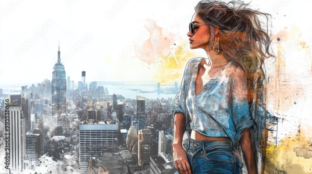 Woman Looking at Skyline Watercolor Art Design Woman Looking at Skyline Watercolor Art Design