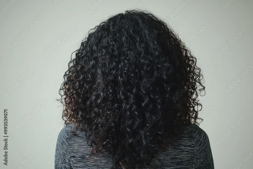Back View of Woman with Curly Black Hair Against Minimalist White Background