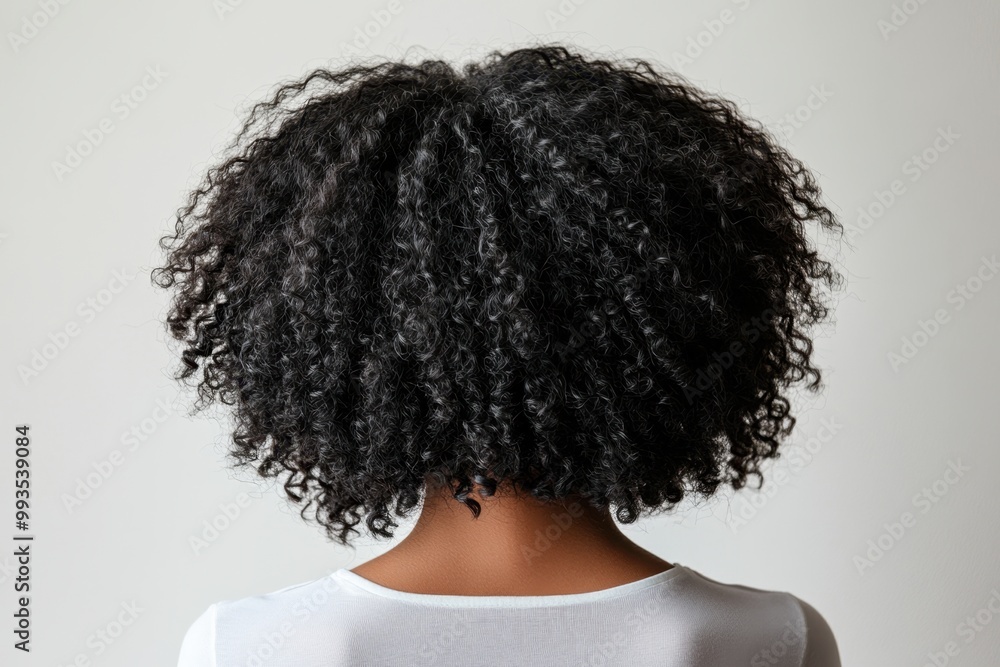 Back View of Woman with Curly Black Hair Against Minimalist White Background