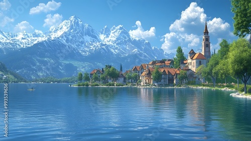 Wallpaper Mural Picturesque lakeside town with snow-capped mountains, crystal clear turquoise water, charming European architecture, lush green trees, reflections on calm lake surface. Torontodigital.ca